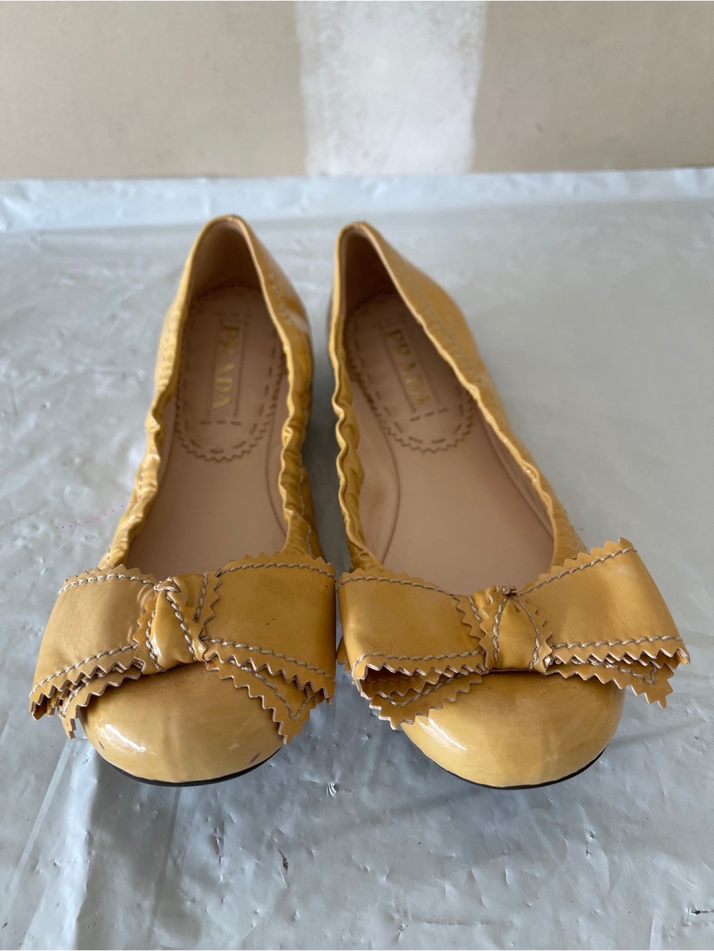 Prada Mustard Yellow Leather Bow Flats 37 - Picture 2 of 6
